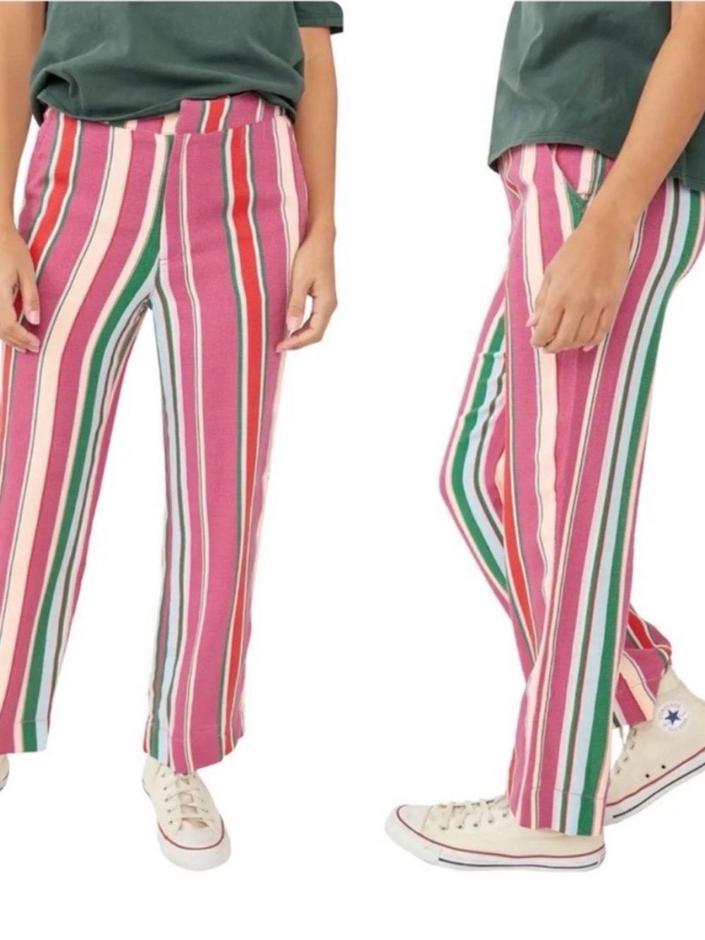 Free People Pink & Green Striped Slim Crop Pants